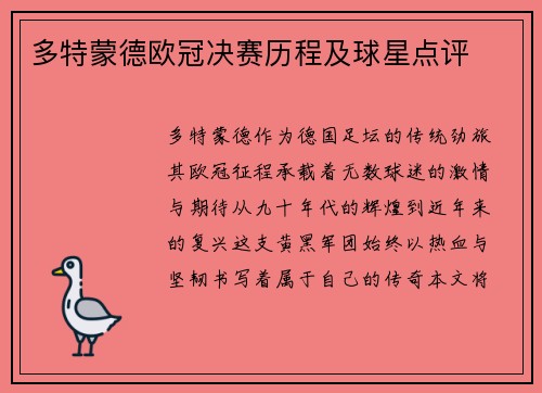 多特蒙德欧冠决赛历程及球星点评