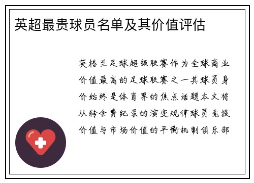 英超最贵球员名单及其价值评估